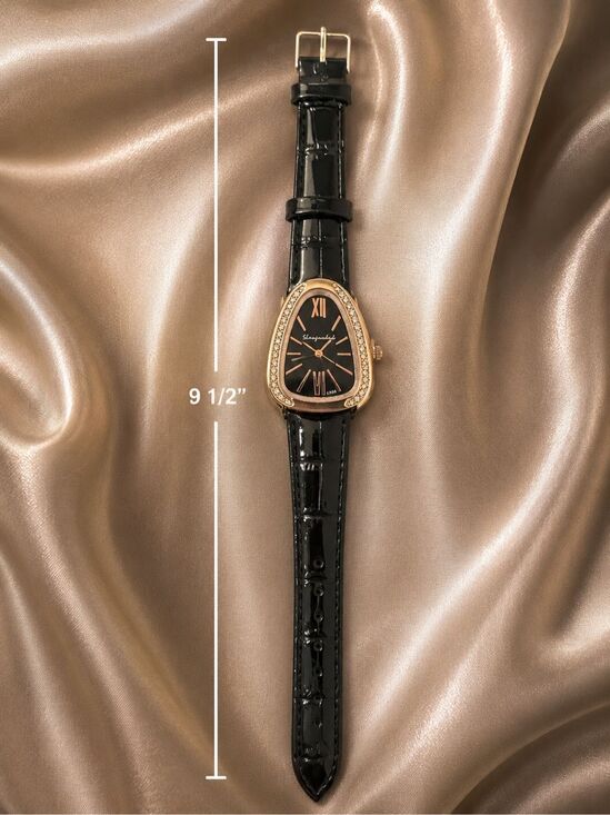 Womens Black Vegan Leather Crystal Watch Rose Gold Tone Elegant Dress Wristwatch